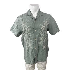 Folk Men's Green Linen Lace Floral Short Sleeve Button Down Shirt Top Size M